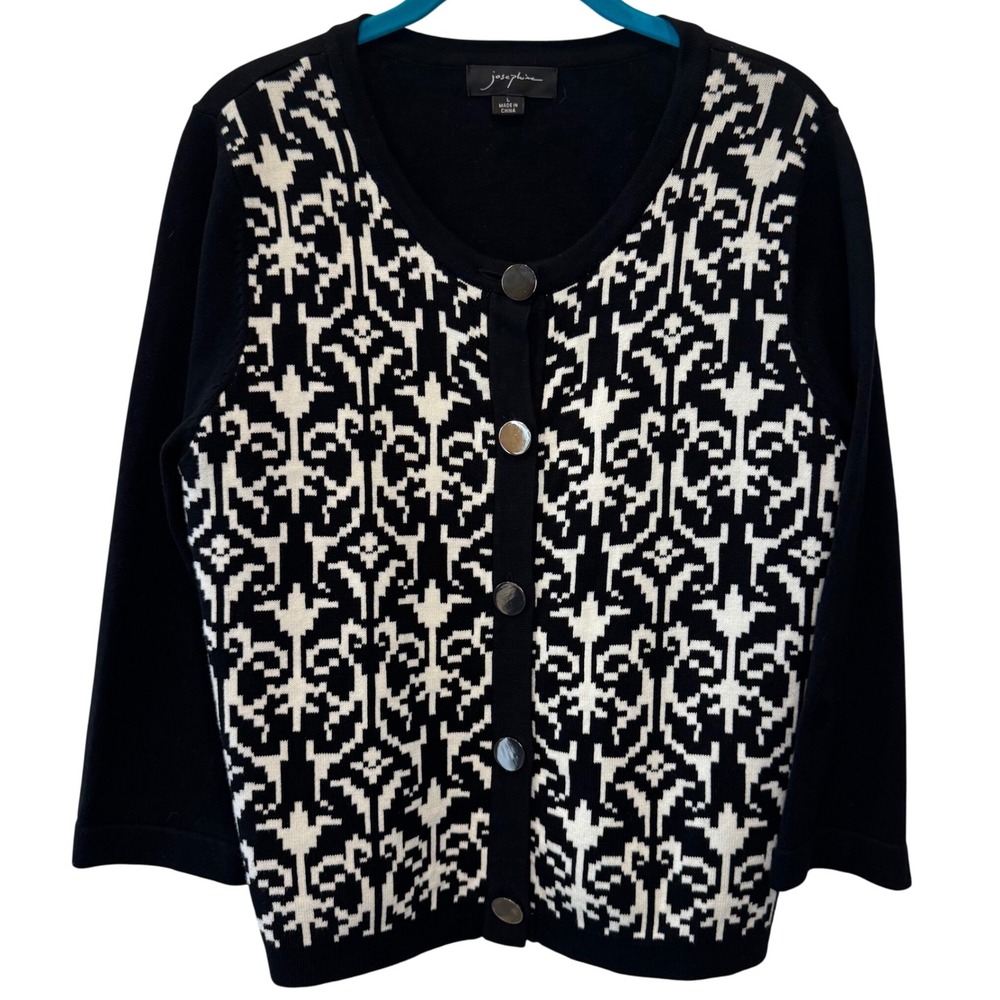 Josephine‎ Cardigan Black White Geometric Pattern Button 100% cotton Women L